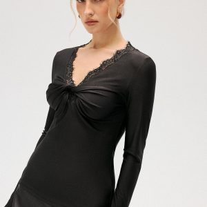 Lace-Trim V-Neck Knot-Front Top