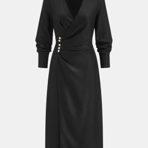 Wrap V-Neck Metal Detail Long Sleeve Maxi Dress