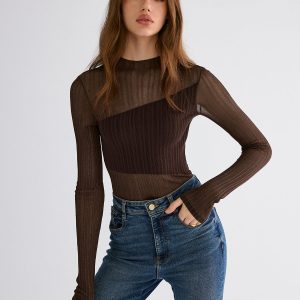 Mock Neck Contrast Mesh Top