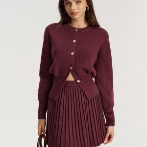 Metal Button Cardigan and Pleated Mini Skirt Set