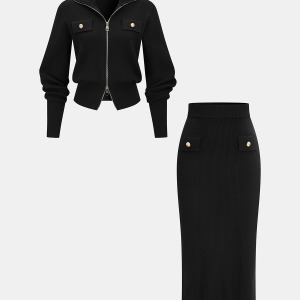 Knit Zipper Jacket & Pencil Skirt Set