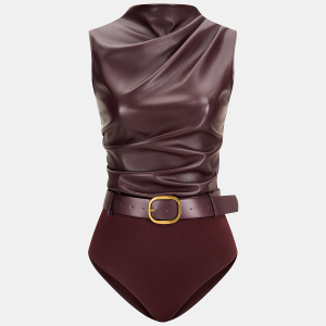 Belted Ruched Sleeveless Faux Leather Bodysuit