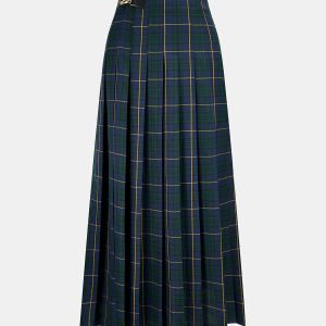 Pleated Plaid Buckle Maxi Skirt