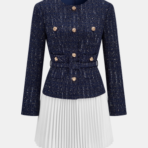 Pleated Hem Panel Tweed Belted Mini Dress