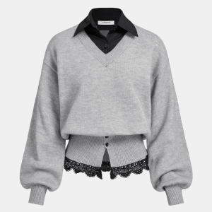 Contrast Collar Lace Hem Sweater