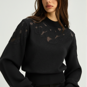 Mock Neck Lace Panel Sweater
