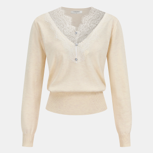 Lace Panel Rhinestone Wool Blend Sweater
