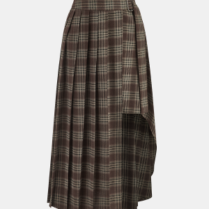 Plaid Asymmetric Pleated Maxi Skirt