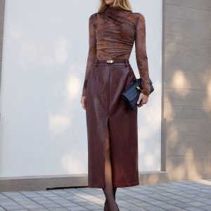 Woven-Texture Faux Leather Slit Maxi Skirt