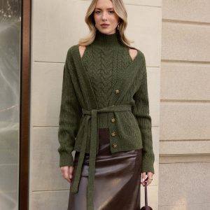 Turtleneck Cable Knit Top & Cardigan Two-Piece Set