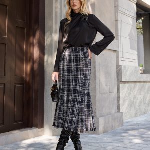 Tweed Plaid Fringe Midi Skirt
