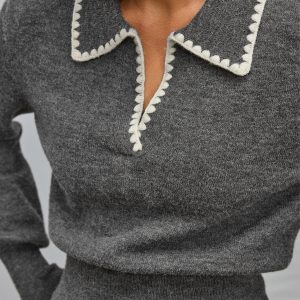 Contrast Embroidered Trim Polo Sweater
