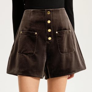 Velvet Mid-Waist Button-Front Shorts