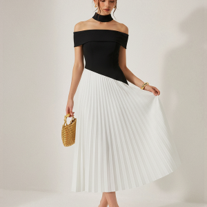 Color-Block Off-Shoulder Pleated Maxi Dress