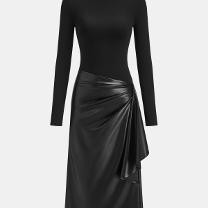 Knit & Faux Leather Panel Asymmetric Maxi Dress