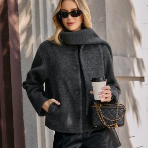 Cropped Bouclé Coat with Scarf