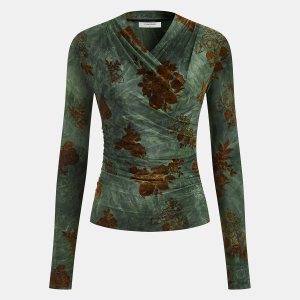 Velvet-Floral Ruched Long-Sleeve Top