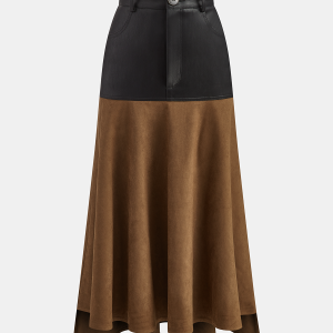 Faux Leather Panel Suede Effect Midi Skirt