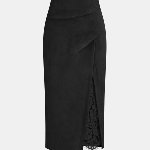 Suede Effect Lace-Slit Midi Skirt