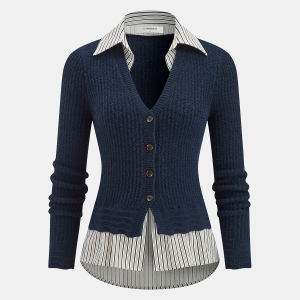 Striped Shirt Panel Button-Front Cardigan