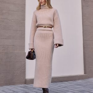 Ribbed Knit Slit Maxi Skirt
