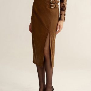 Buckle Detail Side Slit Suede Effect Maxi Skirt