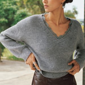V-Neck Lace-Trim Knit Sweater