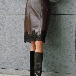 Faux Leather Lace Trim Midi Skirt