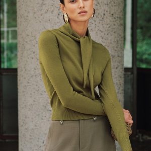 Wool-Blend Tie-Neck Fitted Knit Top