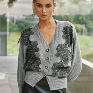 V-Neck Lace Flower Button Cardigan