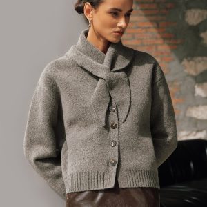 Button-Front Knit Cardigan with Scarf