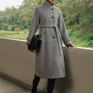 Belted Tweed Houndstooth Long Trench Coat
