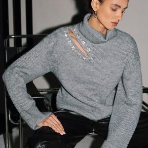 Crystal-Embellished Cut-Out Turtleneck Sweater
