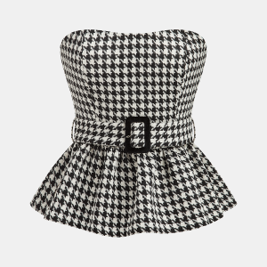 Houndstooth Strapless Belted Peplum Top