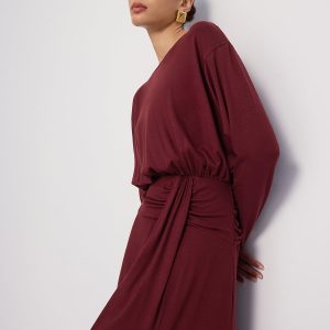 Long Sleeve Ruched Slit Maxi Dress
