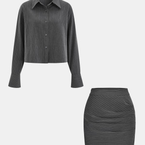 Pinstripe Shirt and Ruched Mini Skirt Set