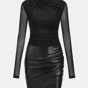 Mesh Ruched Panel Faux Leather Mini Dress