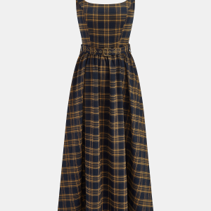 Plaid Smocked Bodice Belted Midi Dress