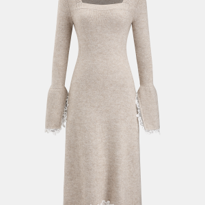 Wool-Blend Lace-Trim Square-Neck Dress