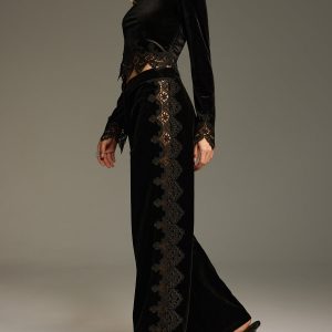 Side Lace Panel Velvet Straight-Leg Pants