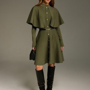 Capelet-Style Button-Front Belted Midi Dress