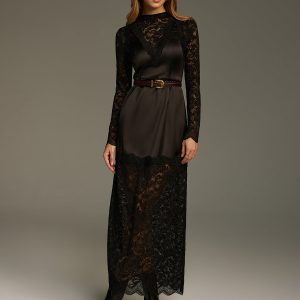 Satin-Lace Paneled Maxi Dress without Belt