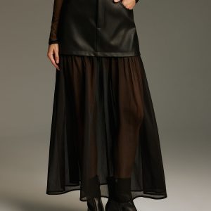 Belted Mesh Hem Faux Leather Maxi Skirt
