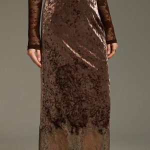 Lace Hem Velvet Midi Skirt