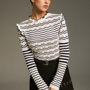 Ruffled Striped Openwork Knit Top