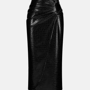 Crocodile Faux Leather Ruched Midi Skirt