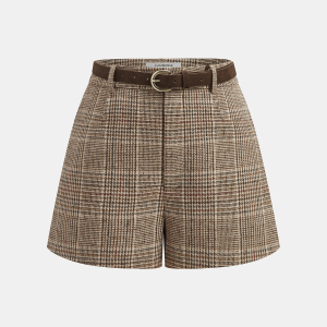 Mid-Waisted Belted Plaid Shorts