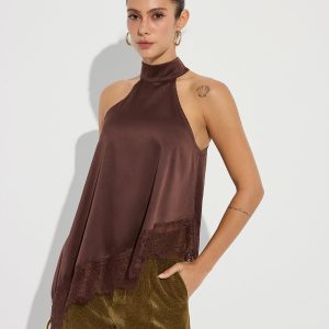 Asymmetric Lace Hem Satin Halter Top
