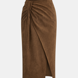 Twist-Front Slit Suede Skirt