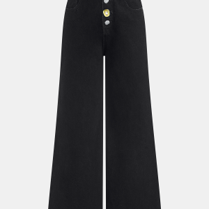 Metal Button-Detail Wide-Leg Jeans